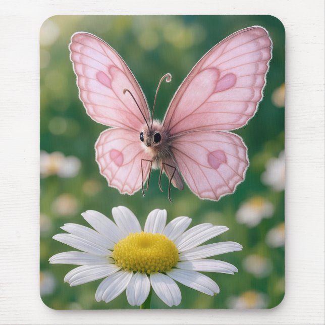 Mousepad Borboleta Rosa Feminina Pairando Sobre Margarida (Frente)