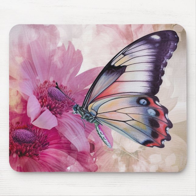 Mousepad Borboleta Sonhadora com Flores Rosa (Frente)