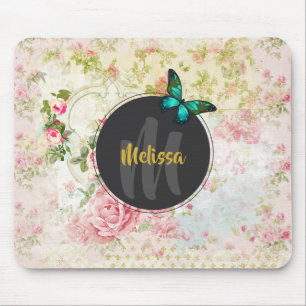 Mousepad Borboleta verde no monograma chique da colagem do