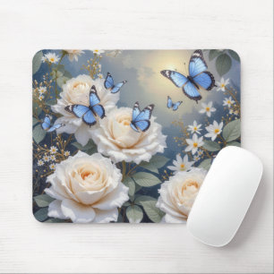 Mousepad Borboletas Azuis em um Jardim de Rosas Brancas