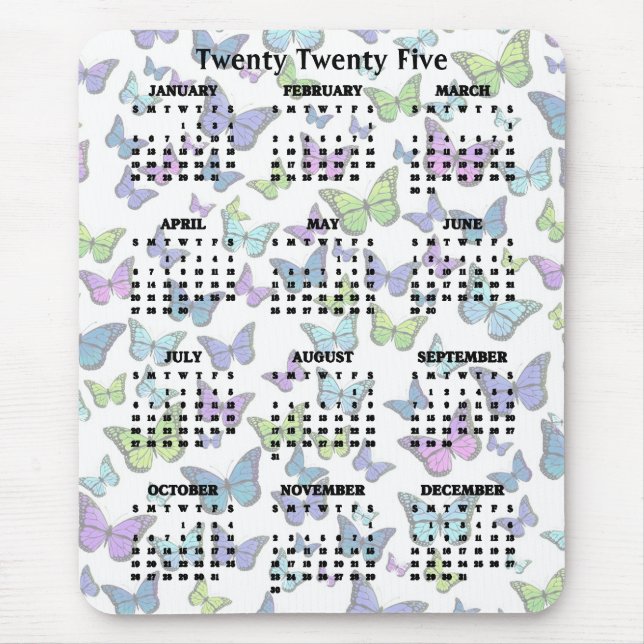 Mousepad Borboletas Coloridas Design 2025 Calendário (Frente)
