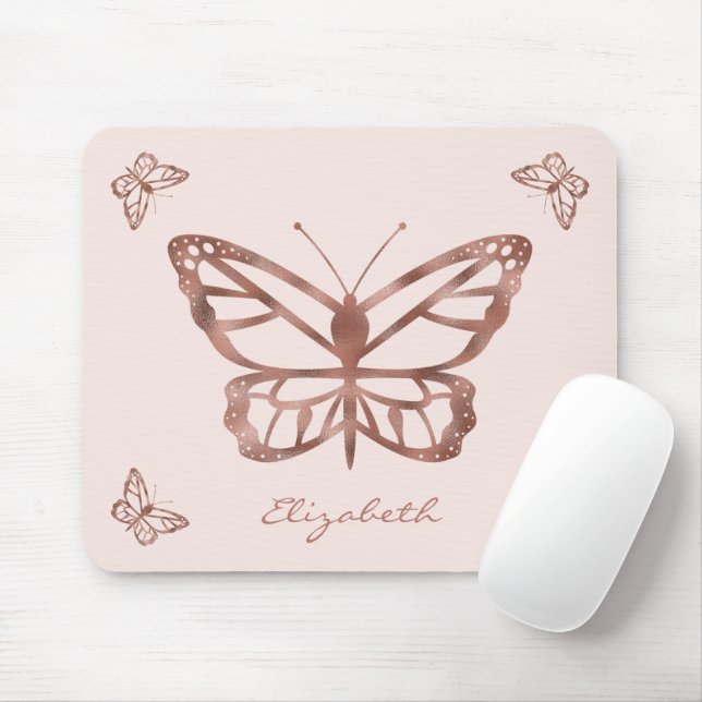 Mousepad Borboletas de aparência Rosa Gold Faux e texto per (Com mouse)