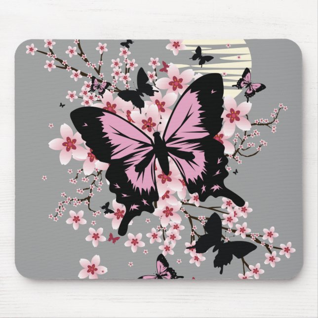 Mousepad Borboletas de flores de cereja (Frente)