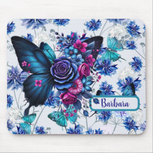 Mousepad Borboletas E Flores Azuis Monogramas