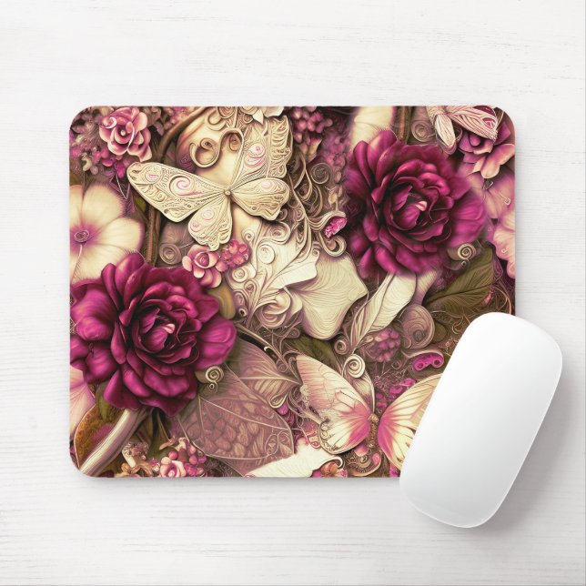 Mousepad Borboletas E Rosas De Colagem Decorativa (Com mouse)