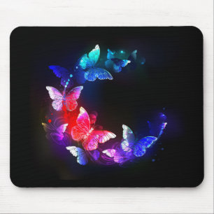Mousepad Borboletas Neon Night brilhantes sobre fundo preto
