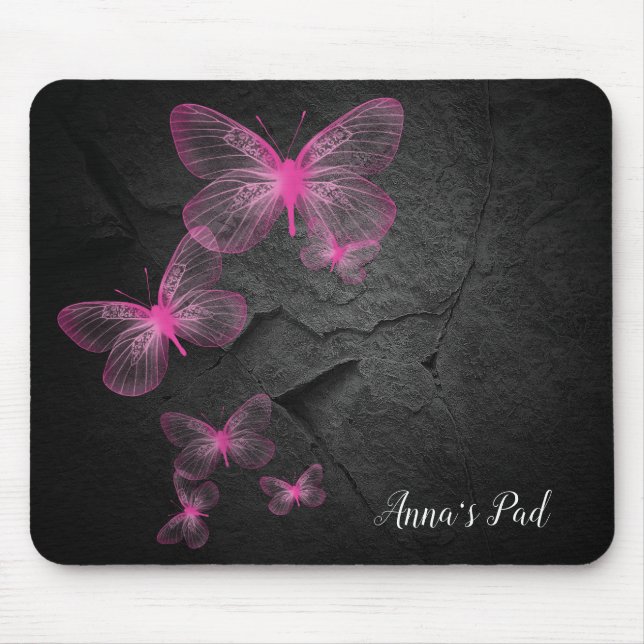 Mousepad Borboletas Rosa Em Black Rock (Frente)