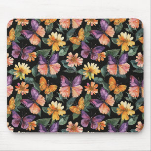 Mousepad Borboletas Rosa Roxo Flores Amarelas