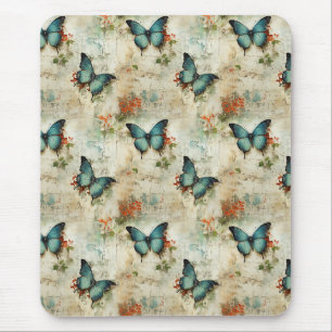 Mousepad Borboletas Turquesa Vintage Floral Rústico