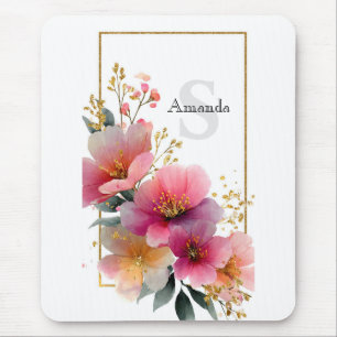 Mousepad Borda Floral Cor de Água Elegante Rosa com Dourado