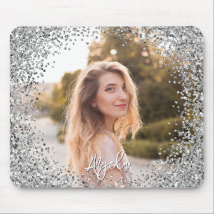 Mousepad Borda Redonda de Brilho Prata Falsa Foto