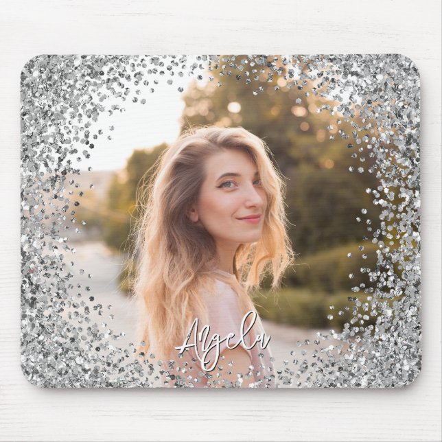 Mousepad Borda Redonda de Brilho Prata Falsa Foto (Frente)