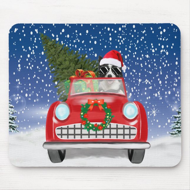 Mousepad Border Collie  Cão Dirigindo Carro Na Neve Natal  (Frente)