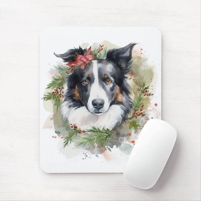 Mousepad Border Collie Christmas Wreath Festivo Pup (Com mouse)