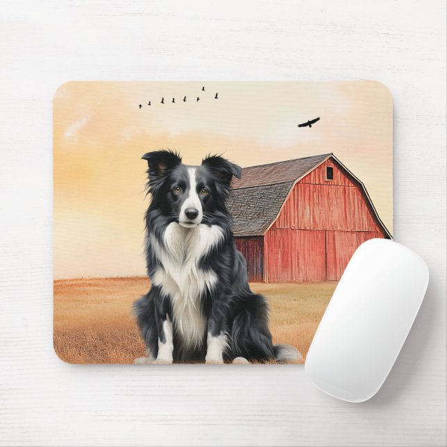 Mousepad Border Collie Dog and Red Barn Ranch (Com mouse)