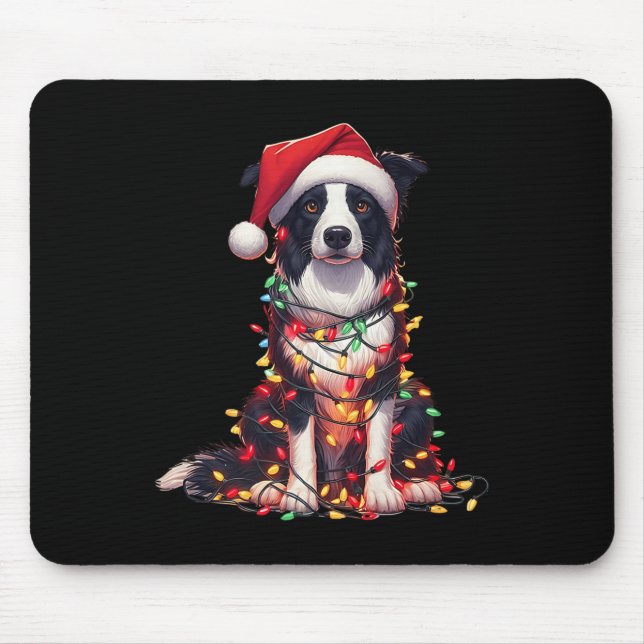 Mousepad Border Collie Dog Christmas Lights Santa Hat Dog L (Frente)