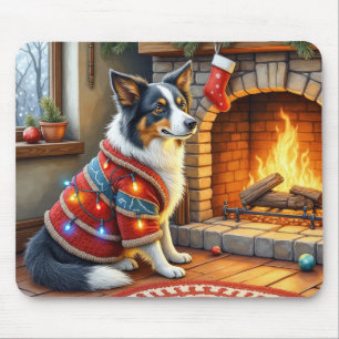 Mousepad Border Collie Lareira com Luzes de Natal