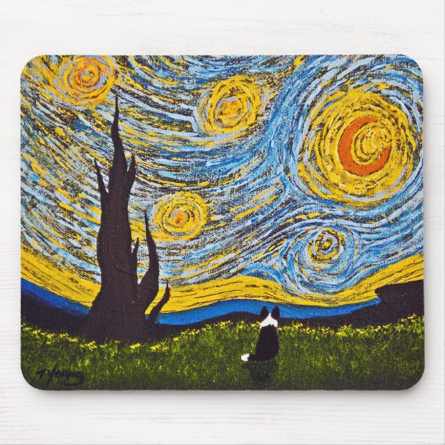 Mousepad Border collie sob um céu de Van Gogh (Frente)