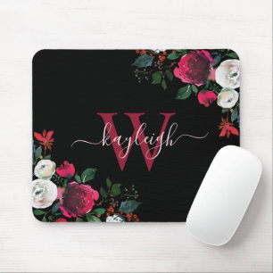Mousepad Borgonha Preta Aquarela Nome Floral Monogramado