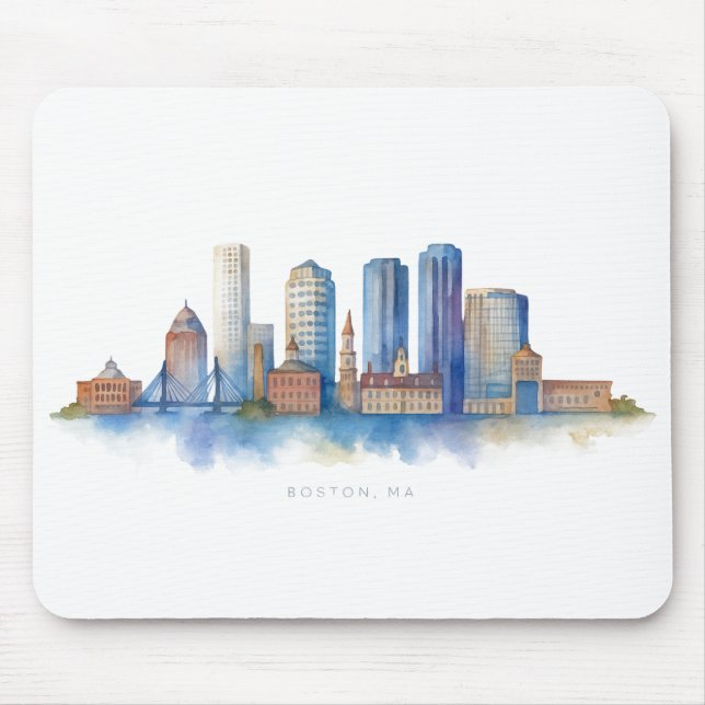 Mousepad Boston City Skyline Watercolor | Mães de Boston Mo (Frente)
