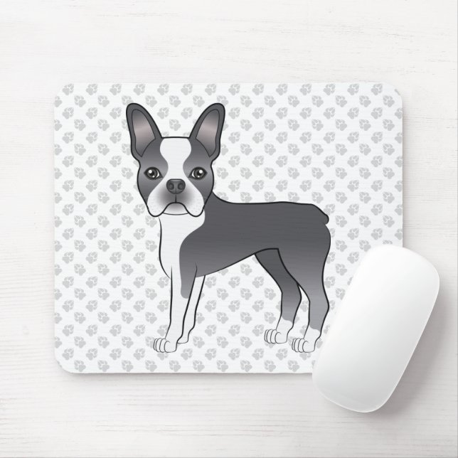 Mousepad Boston Terrier Cartoon Cão Azul e Branco & Patas (Com mouse)