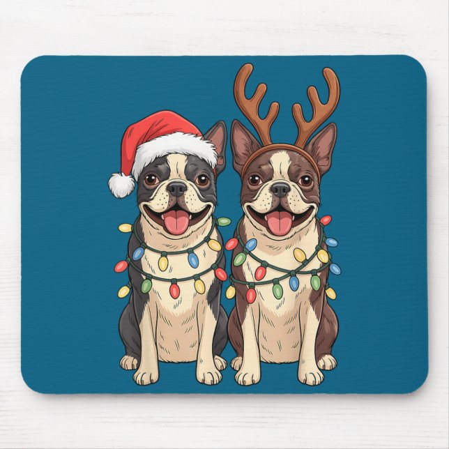 Mousepad Boston Terrier Christmas Santa Hat Reindeer Lights (Frente)