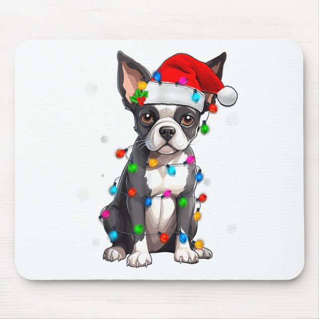 Mousepad Boston Terrier Christmas Santa Hat Tree Lights Paj (Frente)