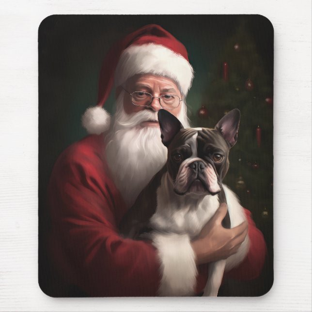 Mousepad Boston Terrier com Papai Noel Natal Festivo (Frente)