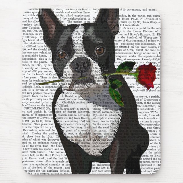 Mousepad Boston Terrier com Rosa em Boca (Frente)