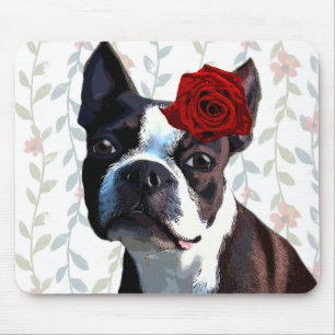 Mousepad Boston Terrier com Rosa na Cabeça 2