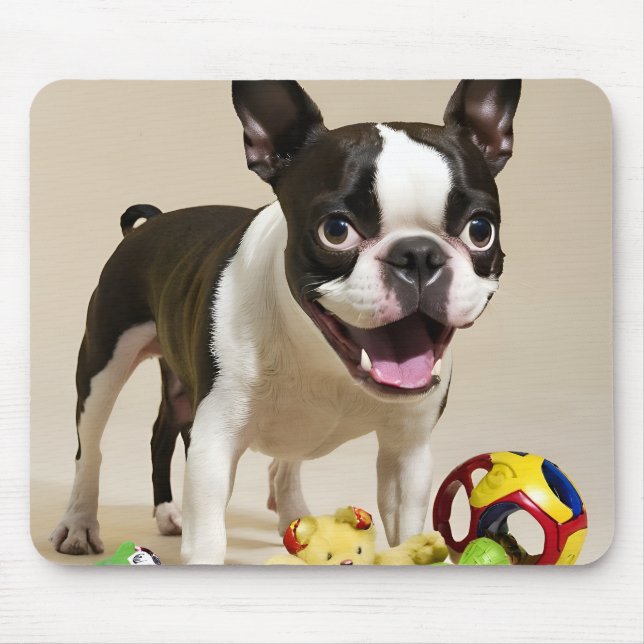 Mousepad Boston Terrier Dog Brincando com Brinquedos (Frente)