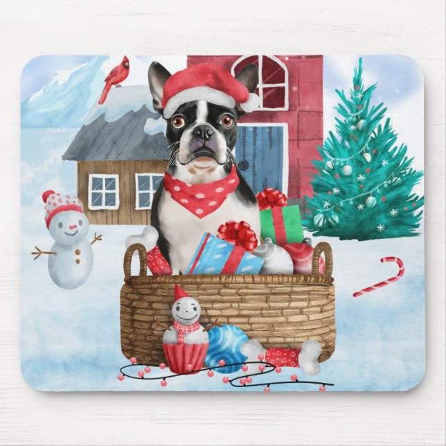 Mousepad Boston Terrier Dog Na Casa Dos Cachorros De Natal  (Frente)