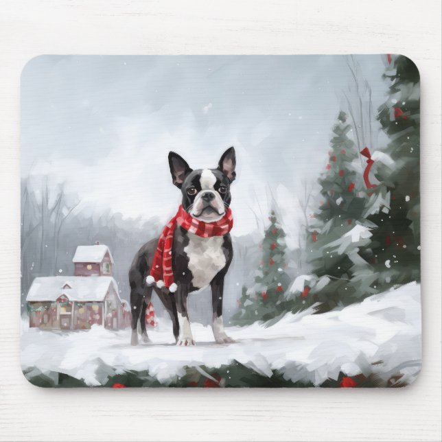 Mousepad Boston Terrier Dog no Natal da neve (Frente)