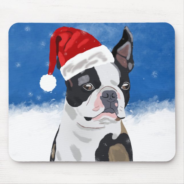 Mousepad Boston Terrier Dog no Natal da Neve Feriado Feliz (Frente)