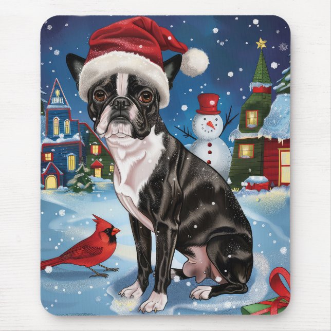 Mousepad Boston Terrier Dog Winter Wonderland Natal Joy (Frente)