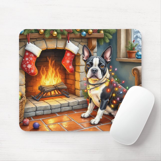 Mousepad Boston Terrier Fireplace with Christmas Lights (Com mouse)