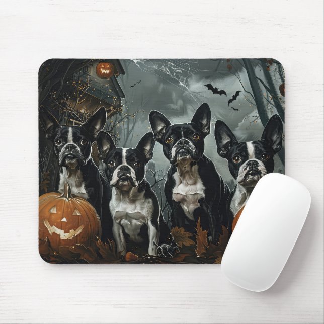 Mousepad Boston Terrier Halloween Night Doggy Delight (Com mouse)