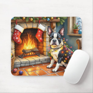 Mousepad Boston Terrier Lareira com Luzes de Natal