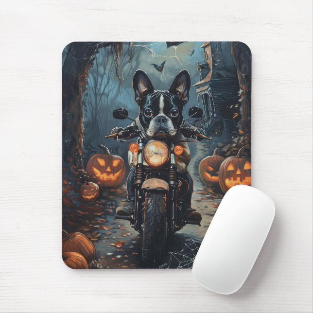 Mousepad Boston Terrier Pilotando Motocicleta Dia das Bruxa (Com mouse)