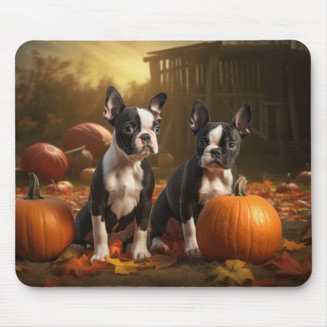 Mousepad Boston Terrier Puppy Autumn Delight Pumpkin (Frente)