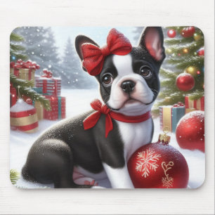 Mousepad Boston Terrier Puppy com Enfeites de natal