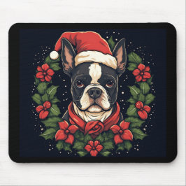 Mousepad Boston Terrier Santa Hat Holly Natal