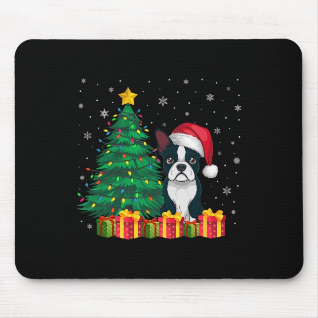 Mousepad Boston Terrier Santa Hat, Luz de Natal, Cão (Frente)