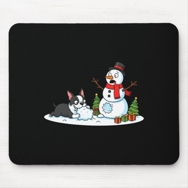 Mousepad Boston Terrier Snowman Christmas Tree Xmas Womens  (Frente)