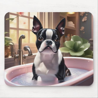 Mousepad Boston Terrier tomando banho de bolhas