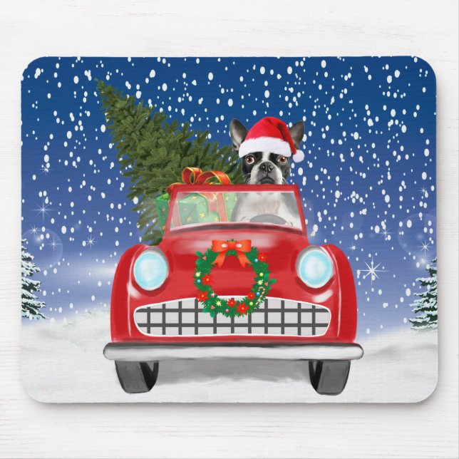 Mousepad Boston terrivelmente Cão Dirigindo Carro No Natal  (Frente)