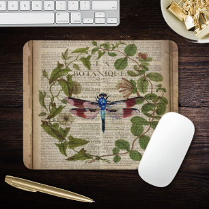 Mousepad botânica francesa deixa libélula antiga moderna
