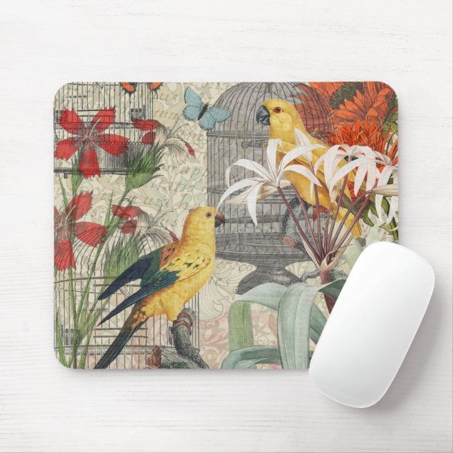 Mousepad Botânica Vintage de Pássaros Natureza Antiga Tropi (Com mouse)