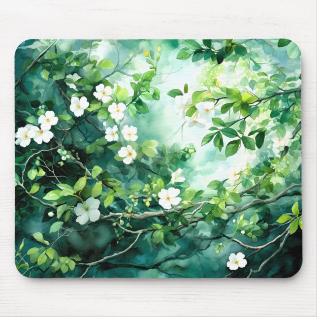 Mousepad Botanical Watercolor White Blossoms Green Leaves (Frente)