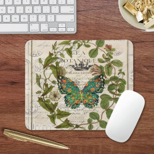 Mousepad botânico arte francesa script saúva borboleta